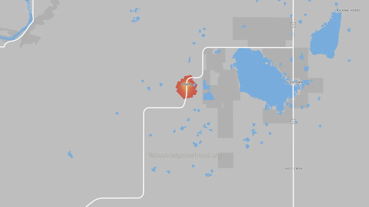 Walk Grade map of Charlo, MT, walkable areas in green and car-dependent areas in red