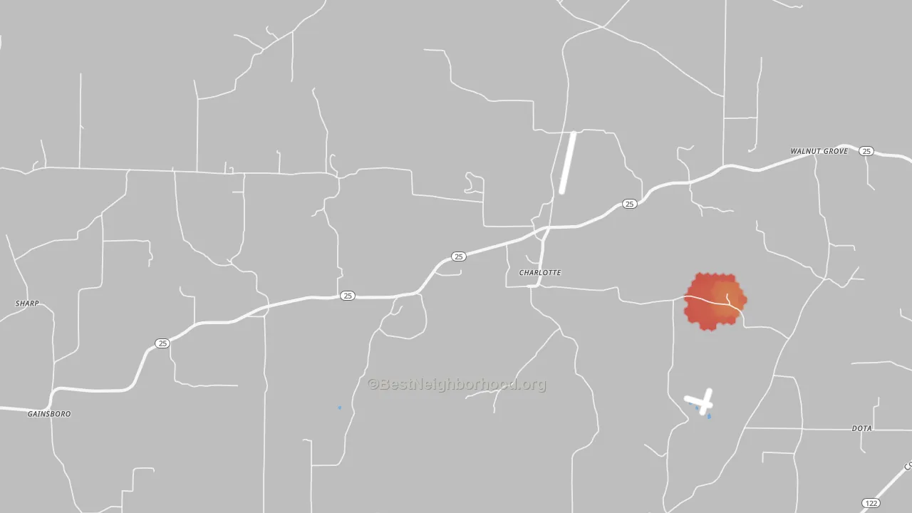 Walk Grade map of Charlotte, AR, walkable areas in green and car-dependent areas in red