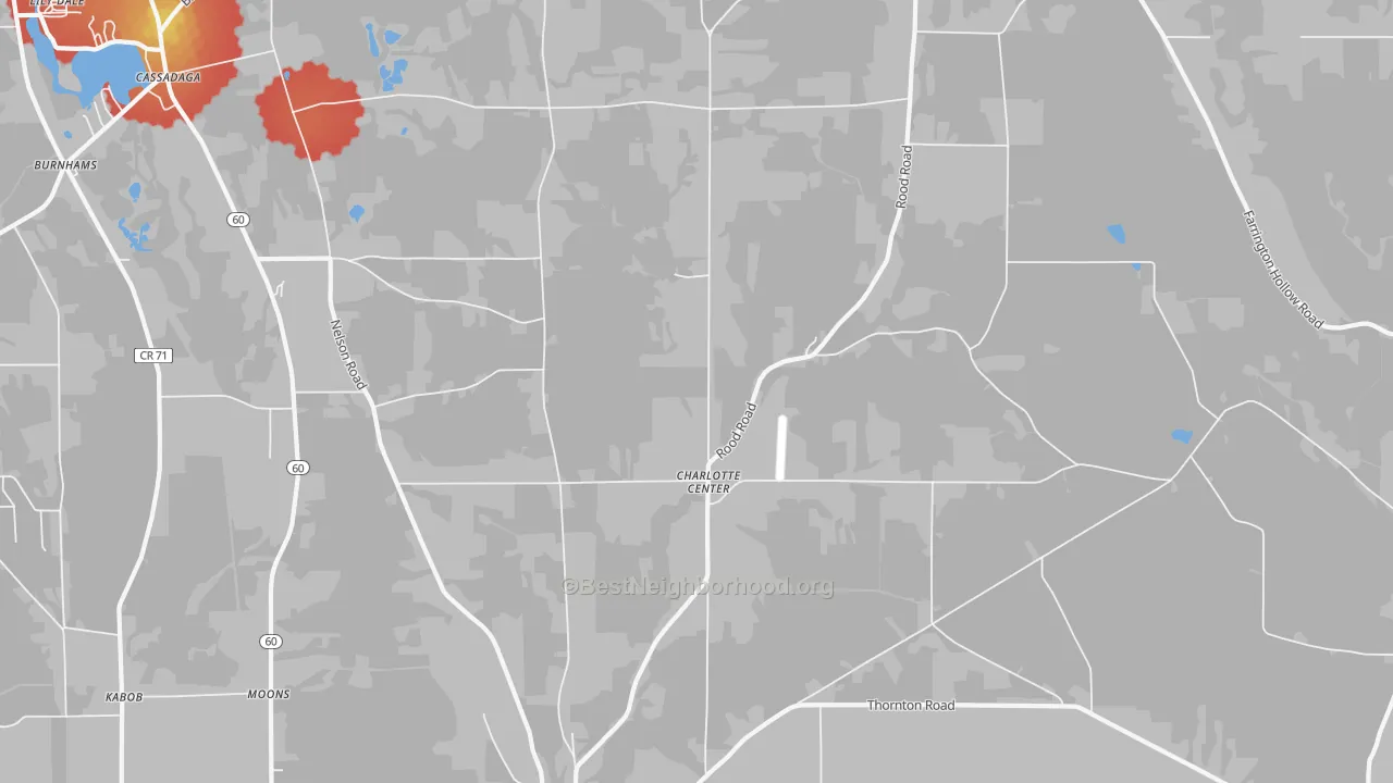 Walk Grade map of Charlotte Center, NY, walkable areas in green and car-dependent areas in red