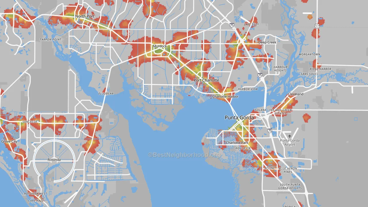 Walk Grade map of Charlotte County, FL, walkable areas in green and car-dependent areas in red