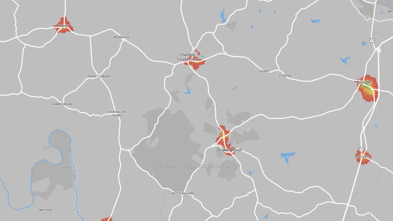 Walk Grade map of Charlotte County, VA, walkable areas in green and car-dependent areas in red