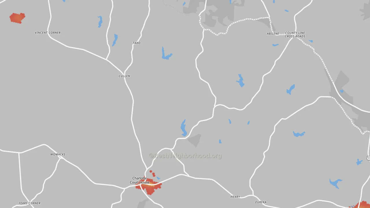 Walk Grade map of Charlotte Court House, VA, walkable areas in green and car-dependent areas in red