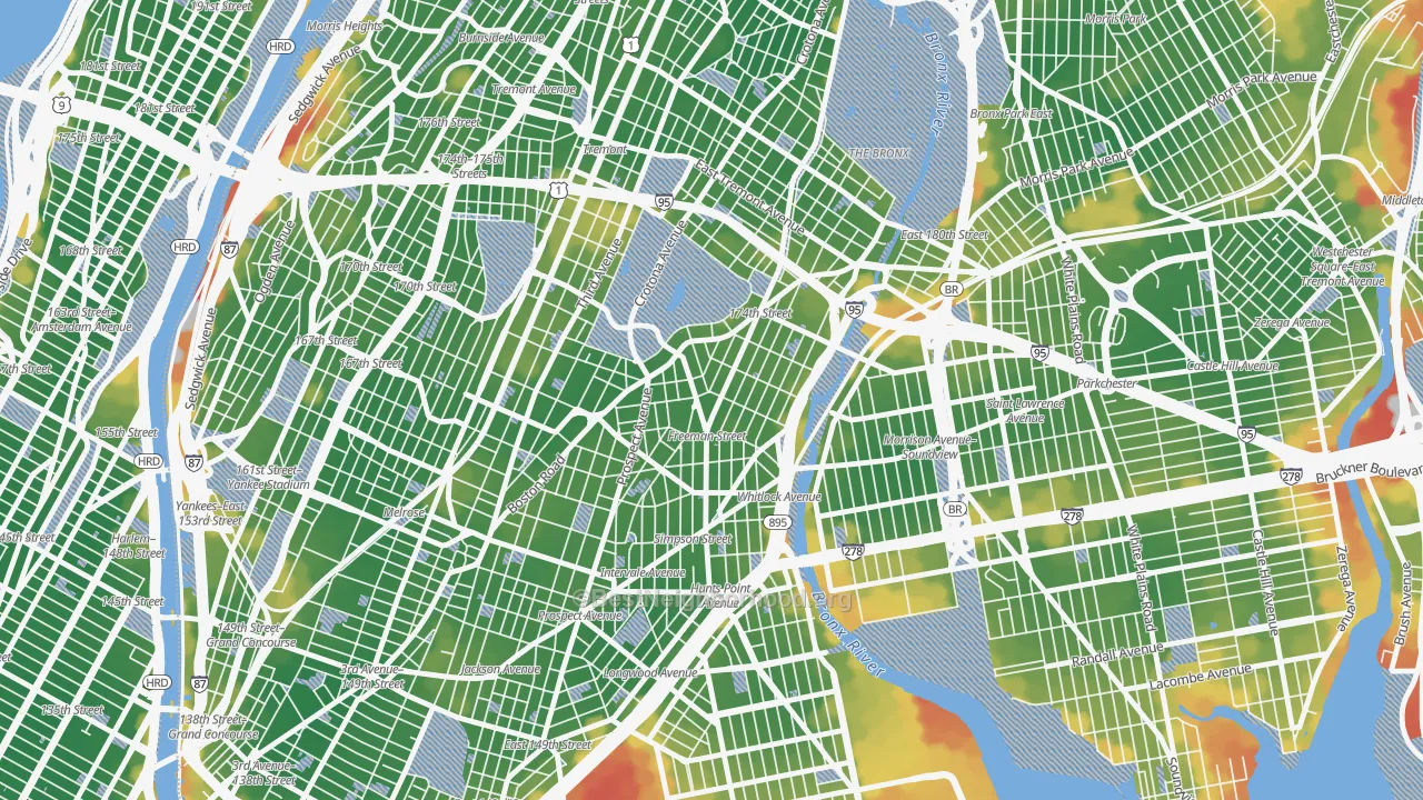 Walk Grade map of Charlotte Gardens, Bronx, NY, walkable areas in green and car-dependent areas in red