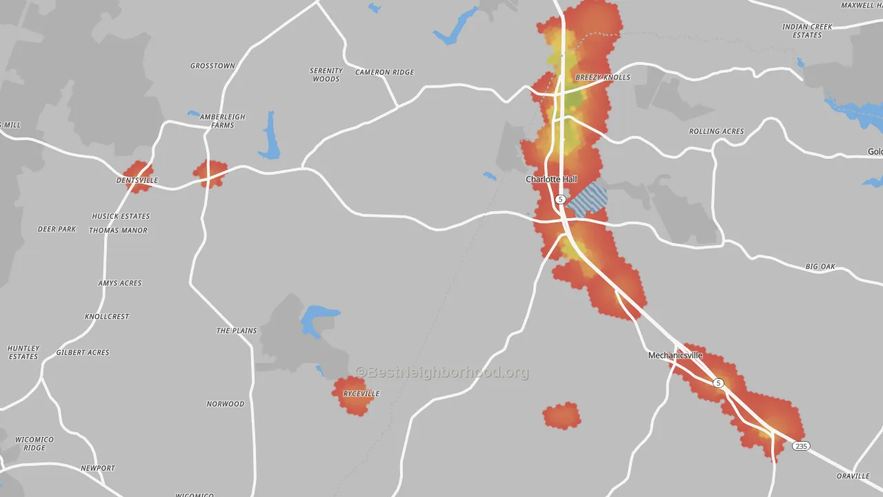 Walk Grade map of Charlotte Hall, MD, walkable areas in green and car-dependent areas in red