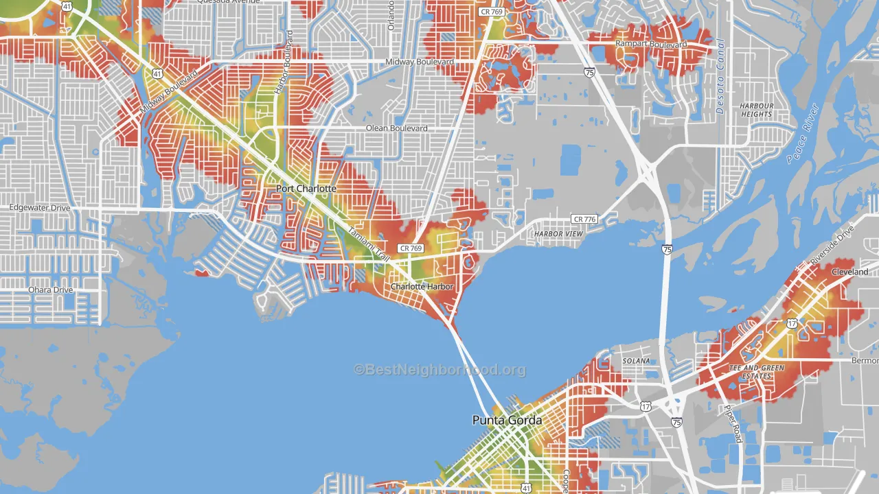 Walk Grade map of Charlotte Harbor, FL, walkable areas in green and car-dependent areas in red