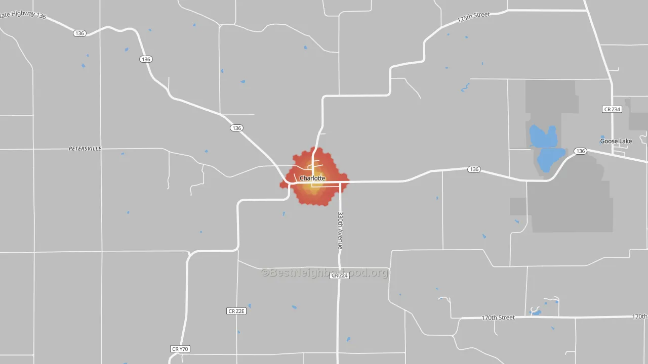 Walk Grade map of Charlotte, IA, walkable areas in green and car-dependent areas in red