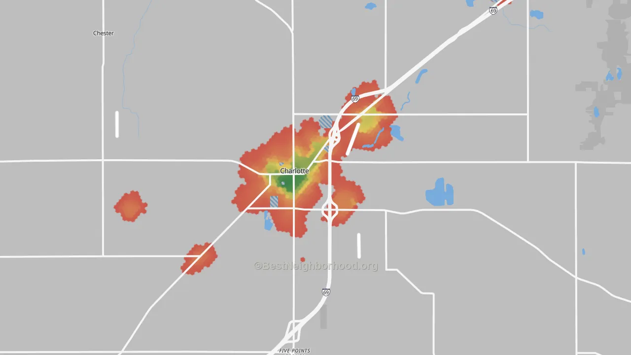 Walk Grade map of Charlotte, MI, walkable areas in green and car-dependent areas in red