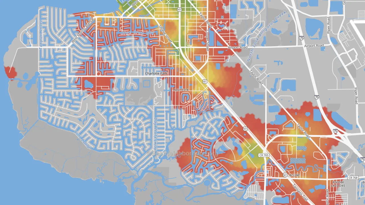 Walk Grade map of Charlotte Park, FL, walkable areas in green and car-dependent areas in red