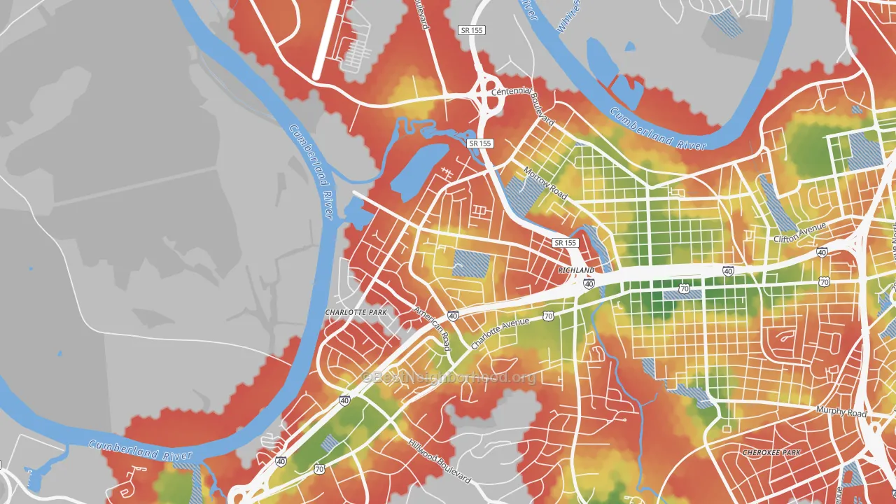Walk Grade map of Charlotte Park, Nashville, TN, walkable areas in green and car-dependent areas in red