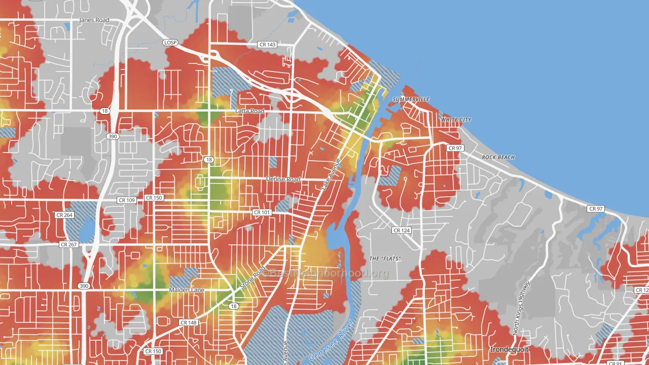 Walk Grade map of Charlotte, Rochester, NY, walkable areas in green and car-dependent areas in red