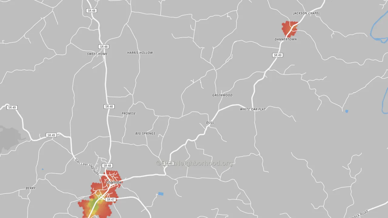 Walk Grade map of Charlotte, TN, walkable areas in green and car-dependent areas in red