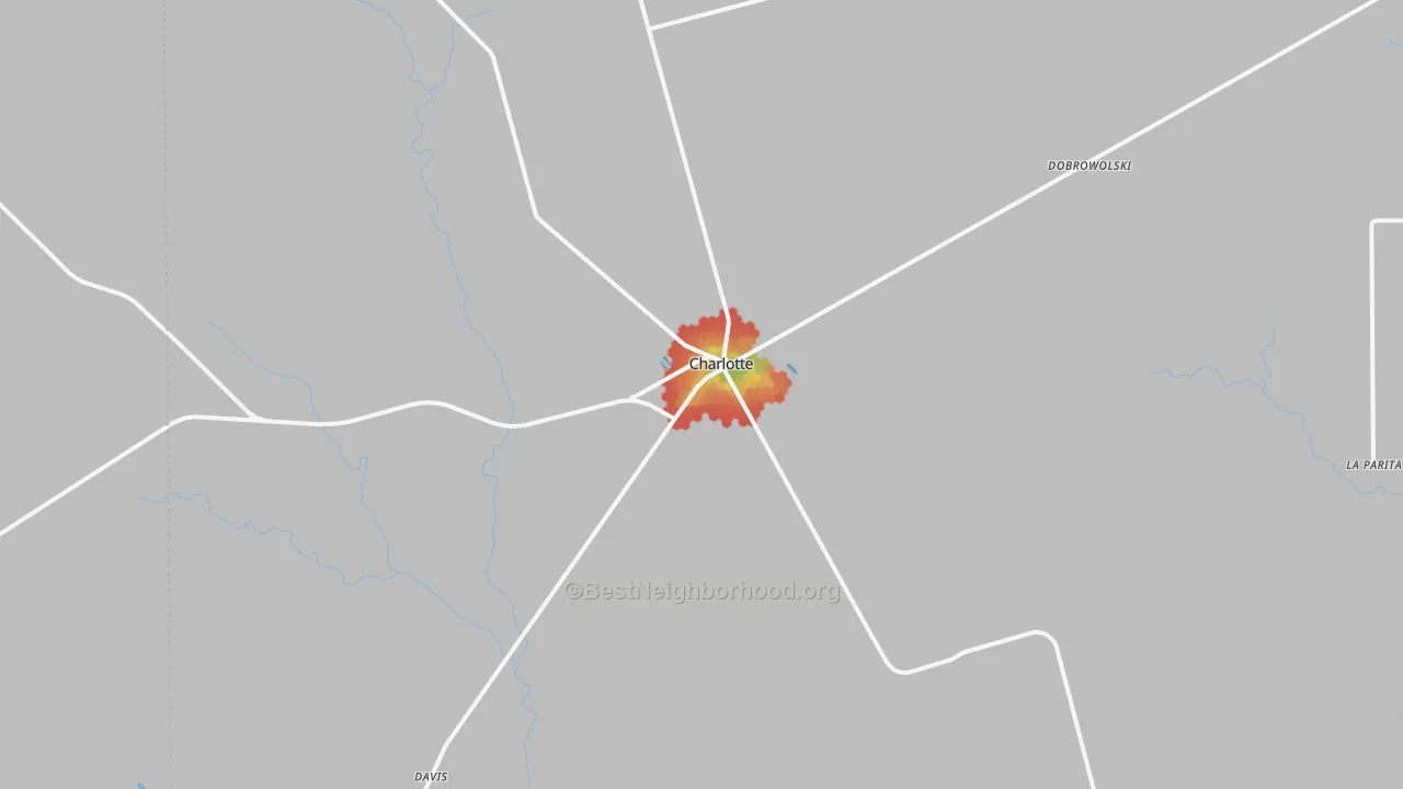 Walk Grade map of Charlotte, TX, walkable areas in green and car-dependent areas in red