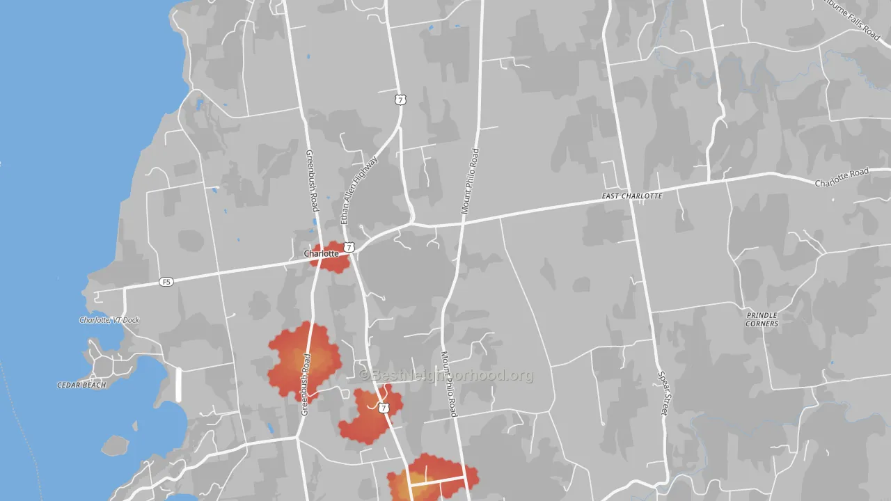 Walk Grade map of Charlotte, VT, walkable areas in green and car-dependent areas in red