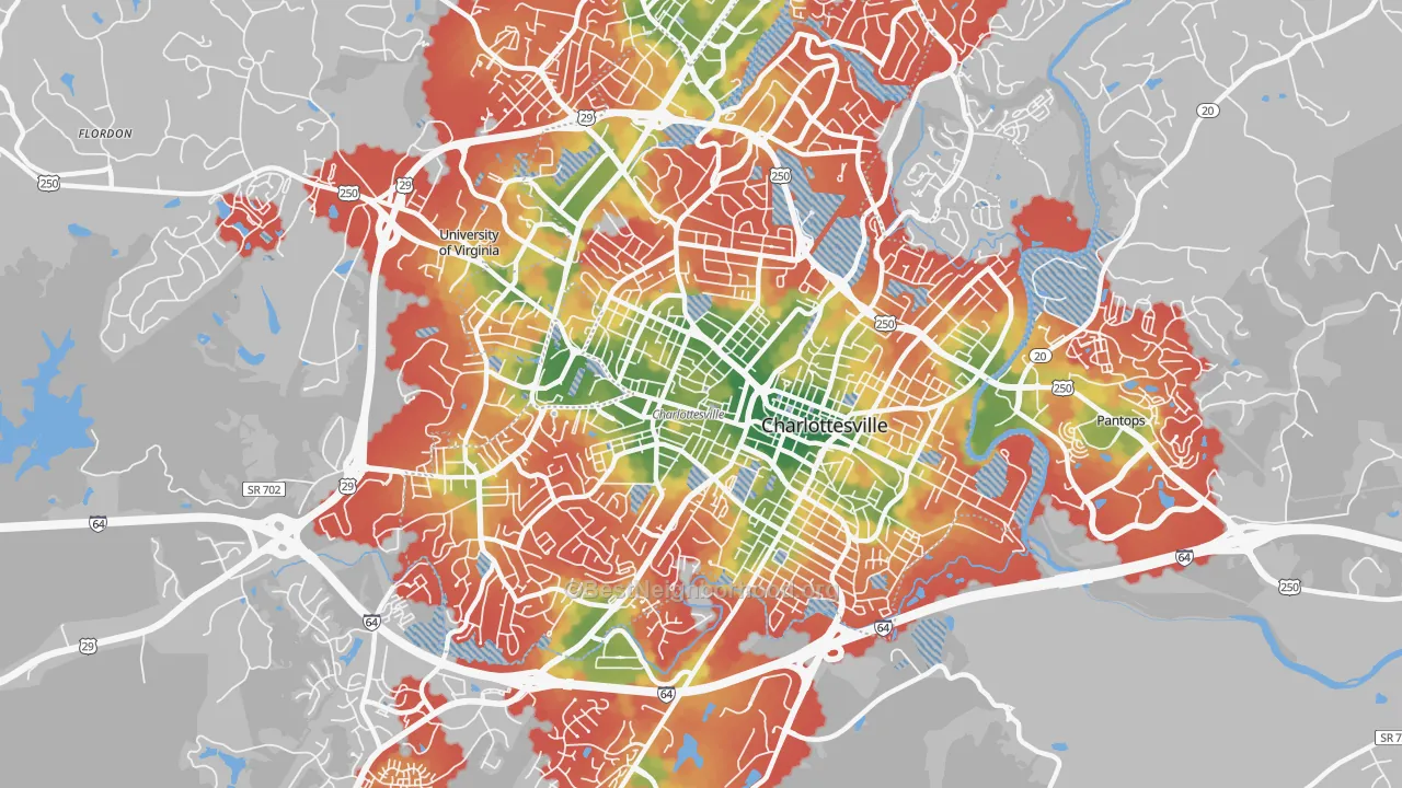 Walk Grade map of Charlottesville City, VA, walkable areas in green and car-dependent areas in red
