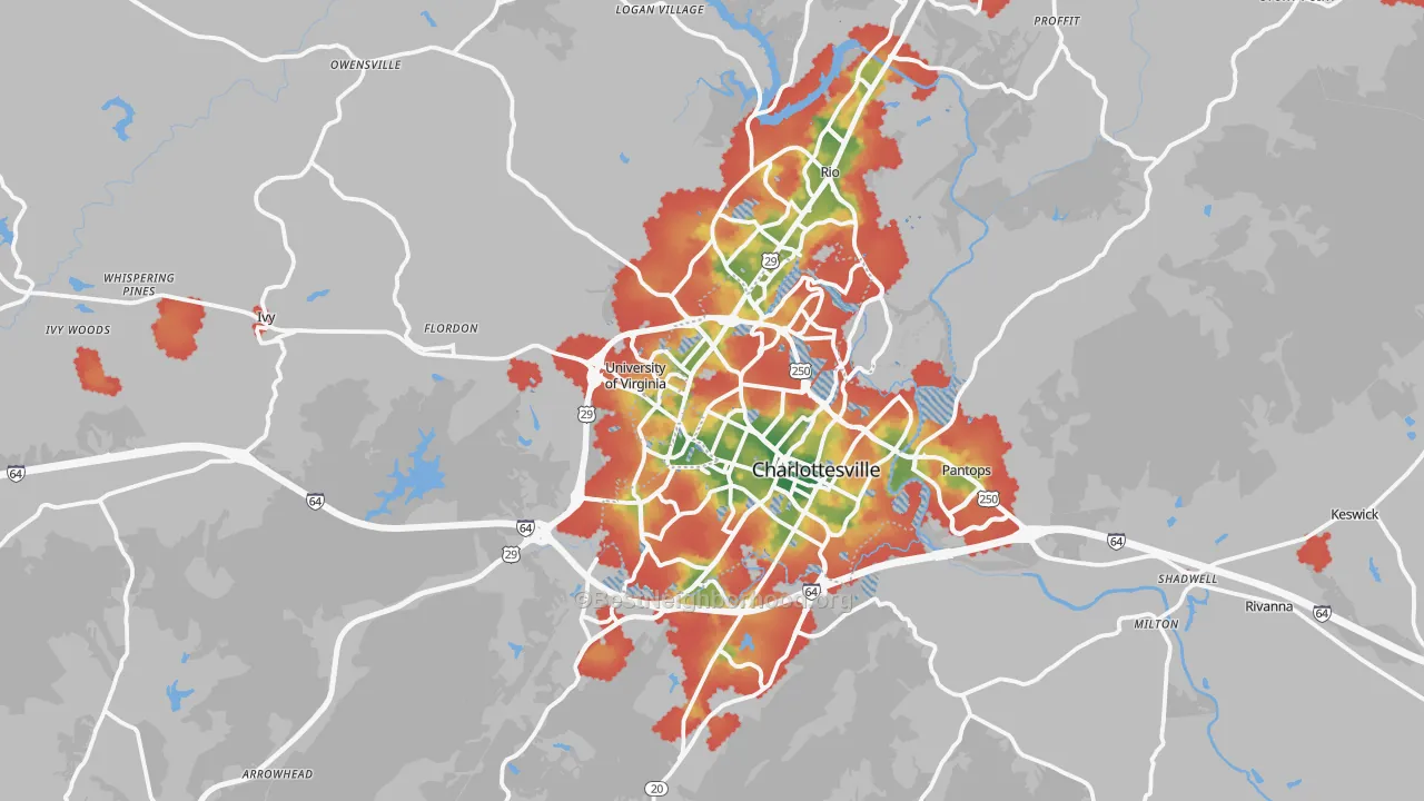 Walk Grade map of Charlottesville, VA, walkable areas in green and car-dependent areas in red