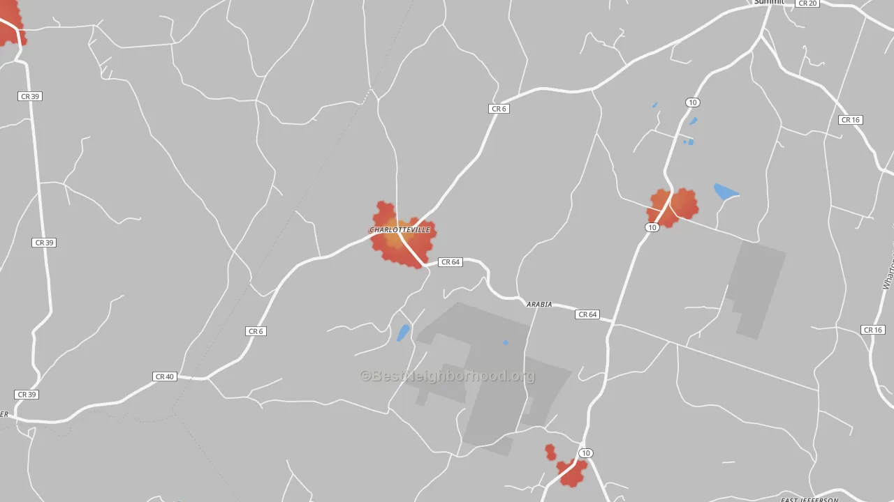 Walk Grade map of Charlotteville, NY, walkable areas in green and car-dependent areas in red