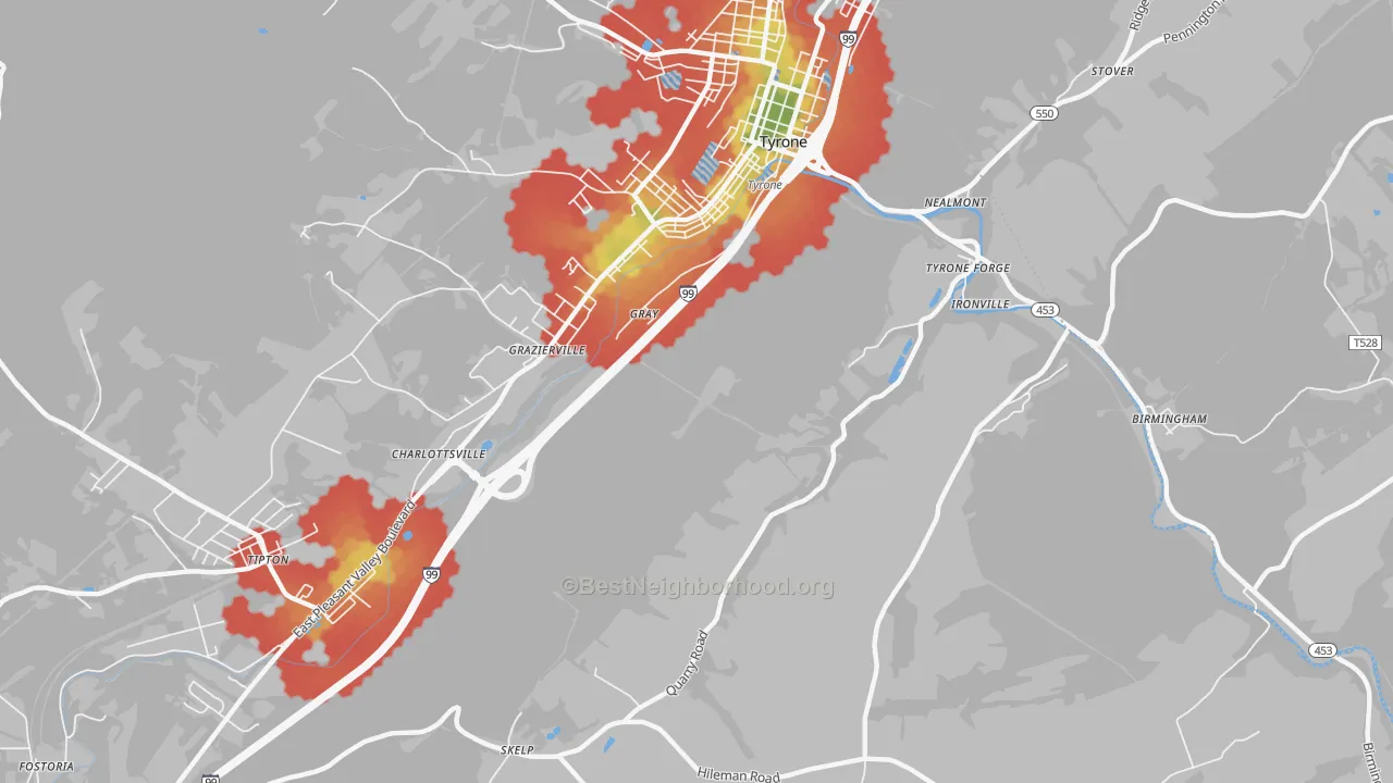 Walk Grade map of Charlottsville, PA, walkable areas in green and car-dependent areas in red