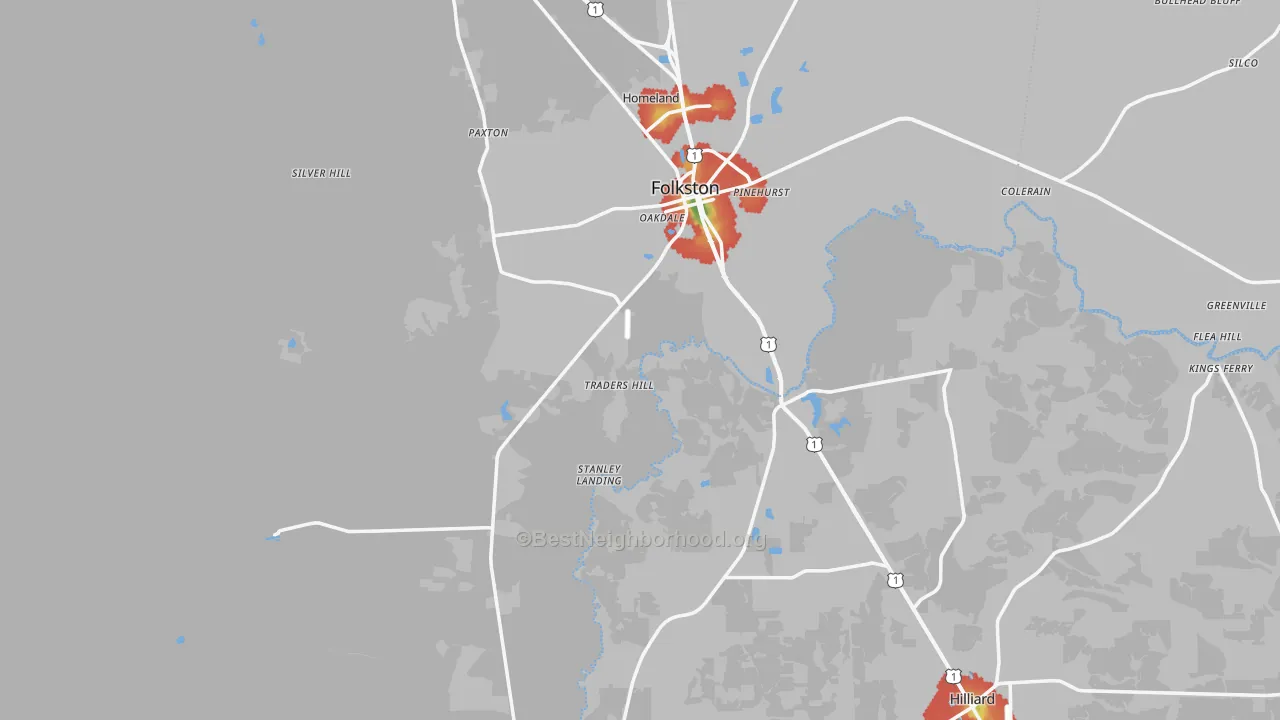 Walk Grade map of Charlton County, GA, walkable areas in green and car-dependent areas in red