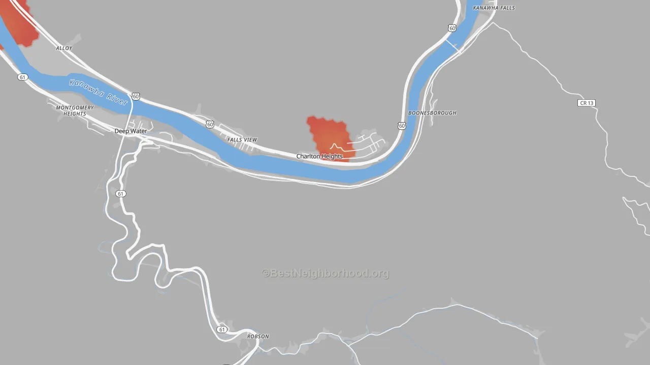 Walk Grade map of Charlton Heights, WV, walkable areas in green and car-dependent areas in red