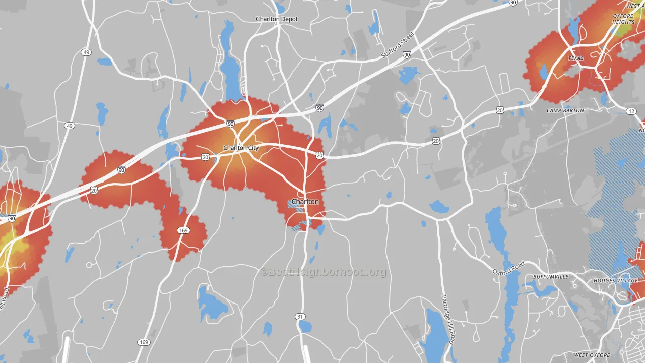 Walk Grade map of Charlton, MA, walkable areas in green and car-dependent areas in red
