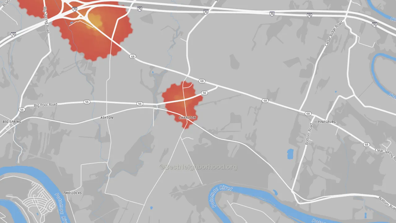 Walk Grade map of Charlton, MD, walkable areas in green and car-dependent areas in red