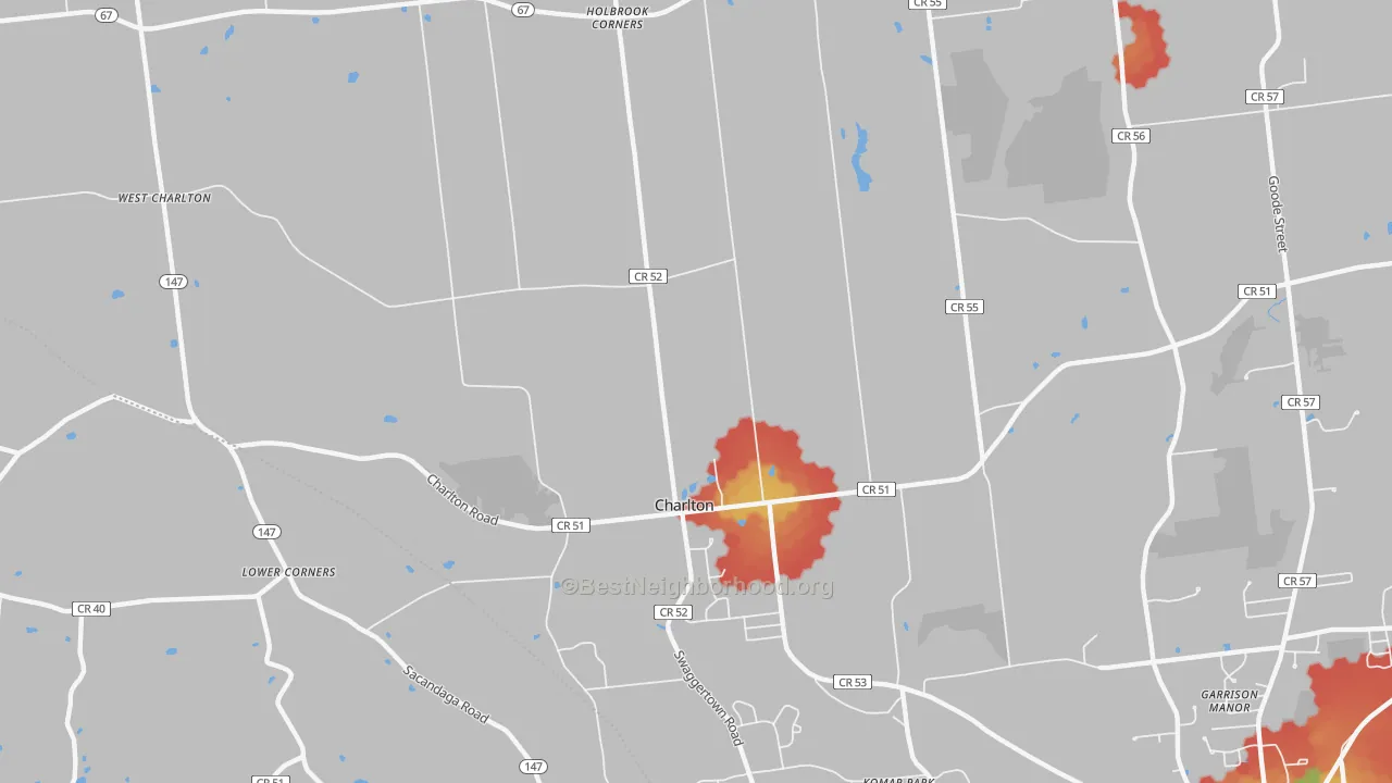 Walk Grade map of Charlton, NY, walkable areas in green and car-dependent areas in red