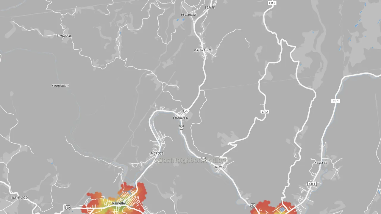 Walk Grade map of Charmco, WV, walkable areas in green and car-dependent areas in red