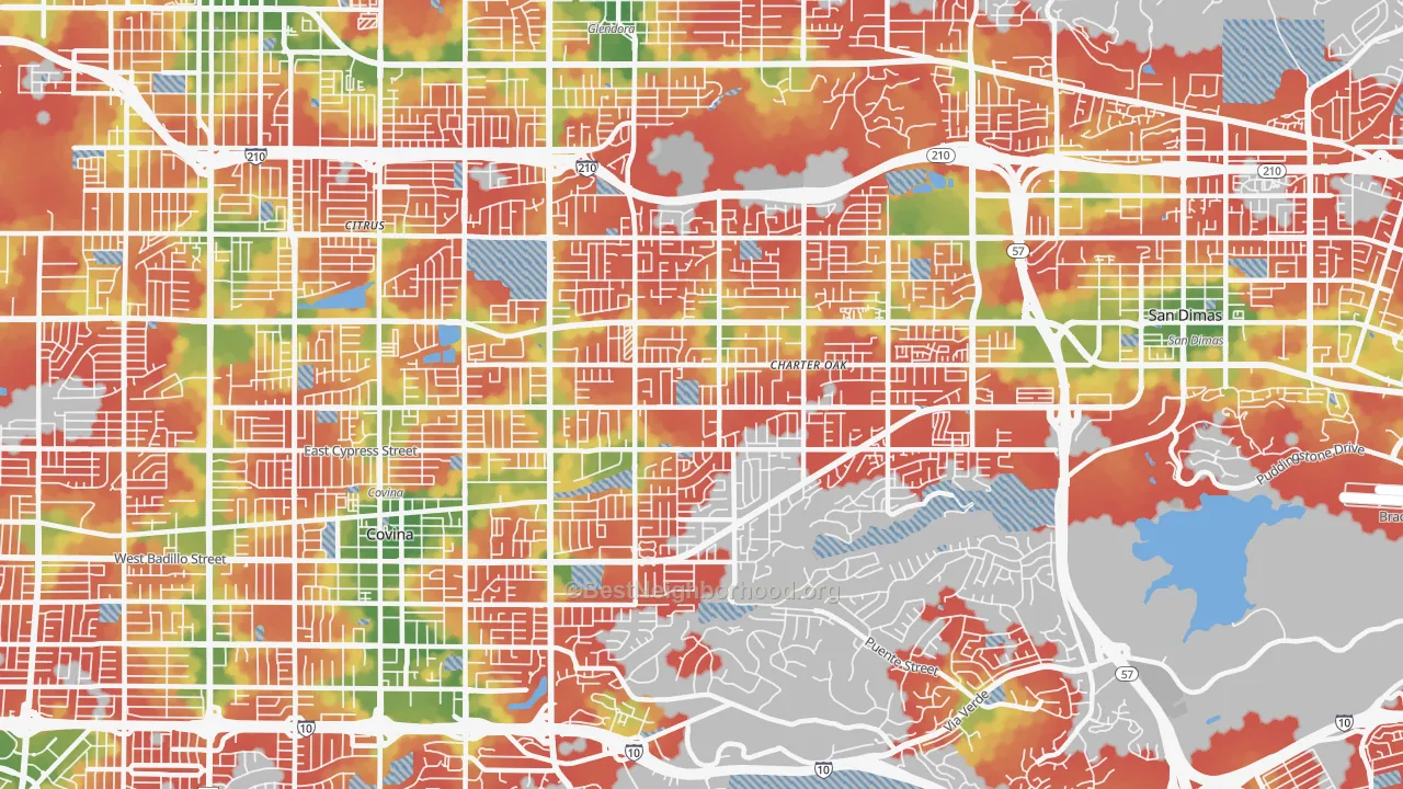 Walk Grade map of Charter Oak, Covina, CA, walkable areas in green and car-dependent areas in red