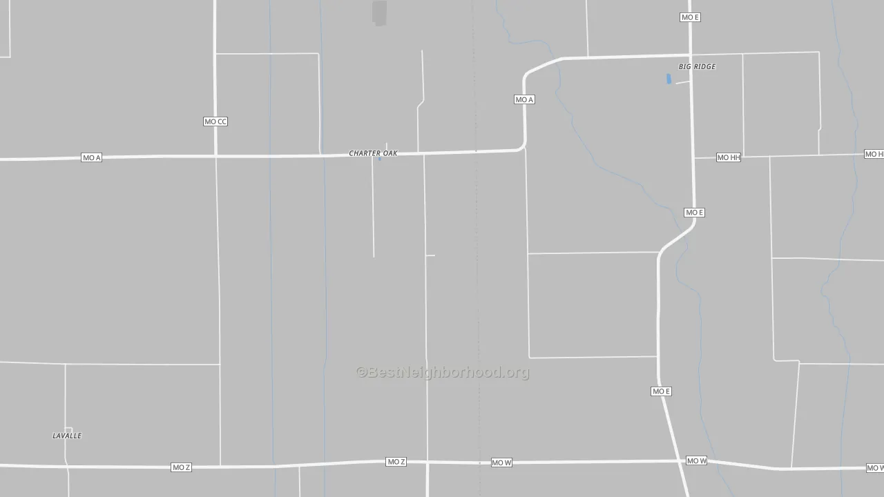 Walk Grade map of Charter Oak, MO, walkable areas in green and car-dependent areas in red