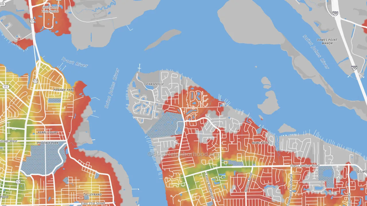 Walk Grade map of Charter Point, Jacksonville, FL, walkable areas in green and car-dependent areas in red