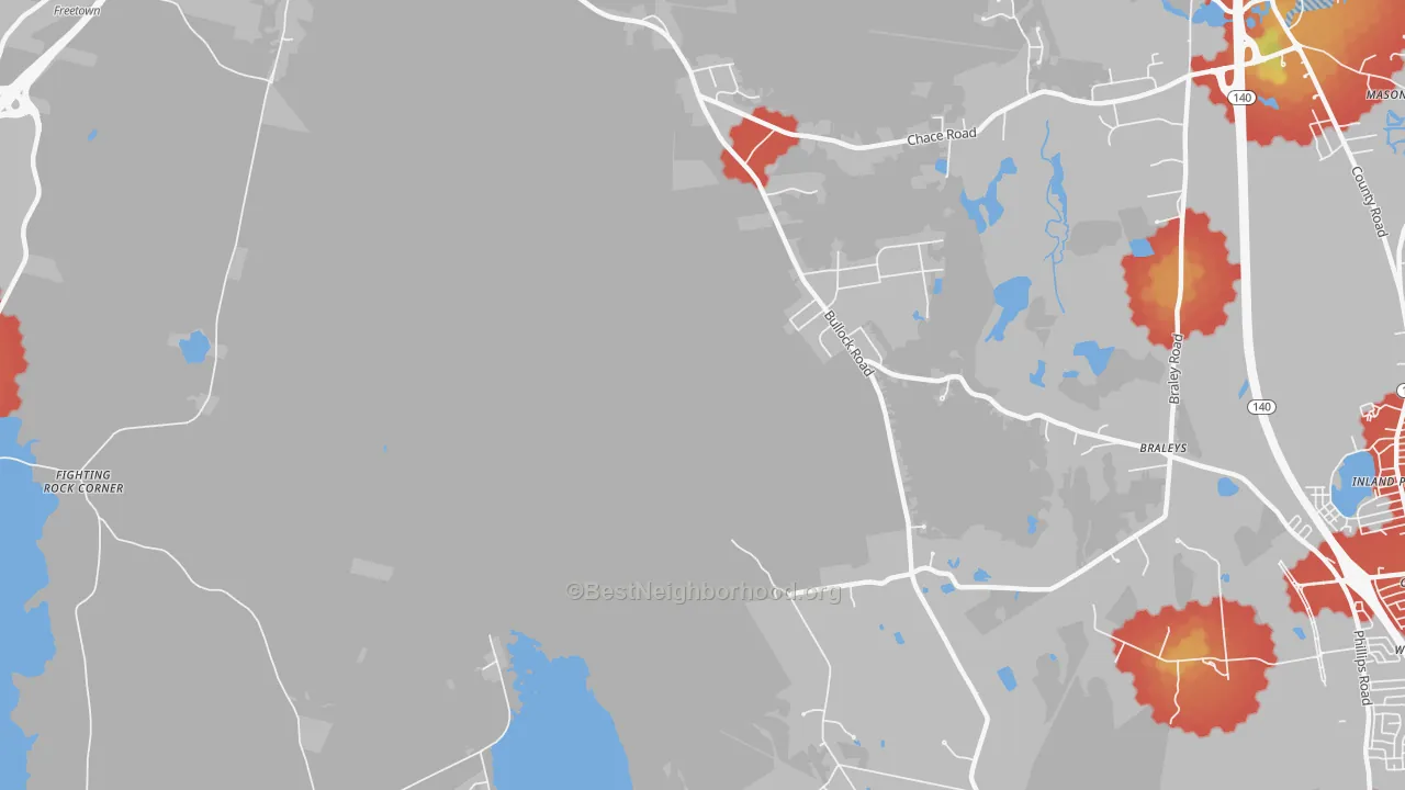 Walk Grade map of Chartley, MA, walkable areas in green and car-dependent areas in red