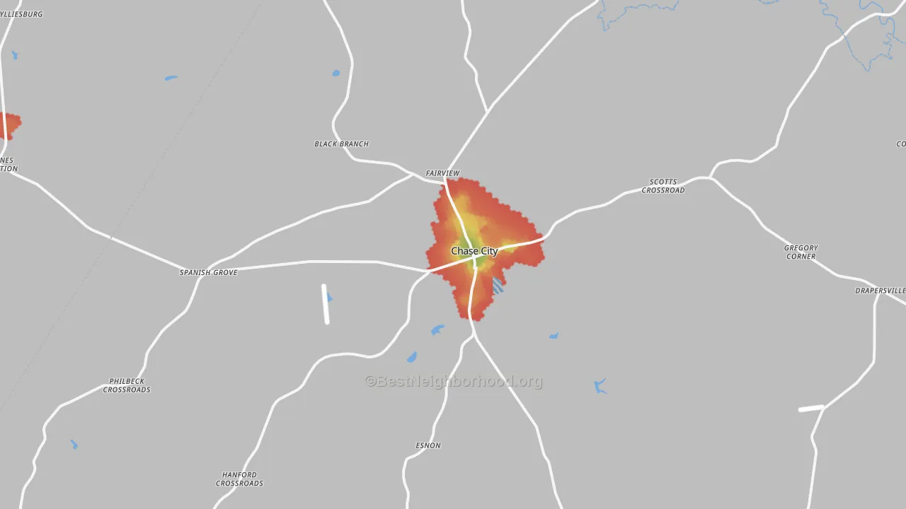 Walk Grade map of Chase City, VA, walkable areas in green and car-dependent areas in red