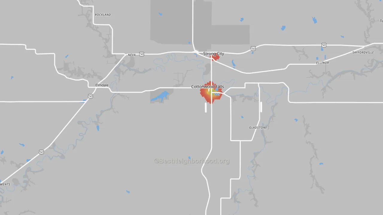 Walk Grade map of Chase County, KS, walkable areas in green and car-dependent areas in red