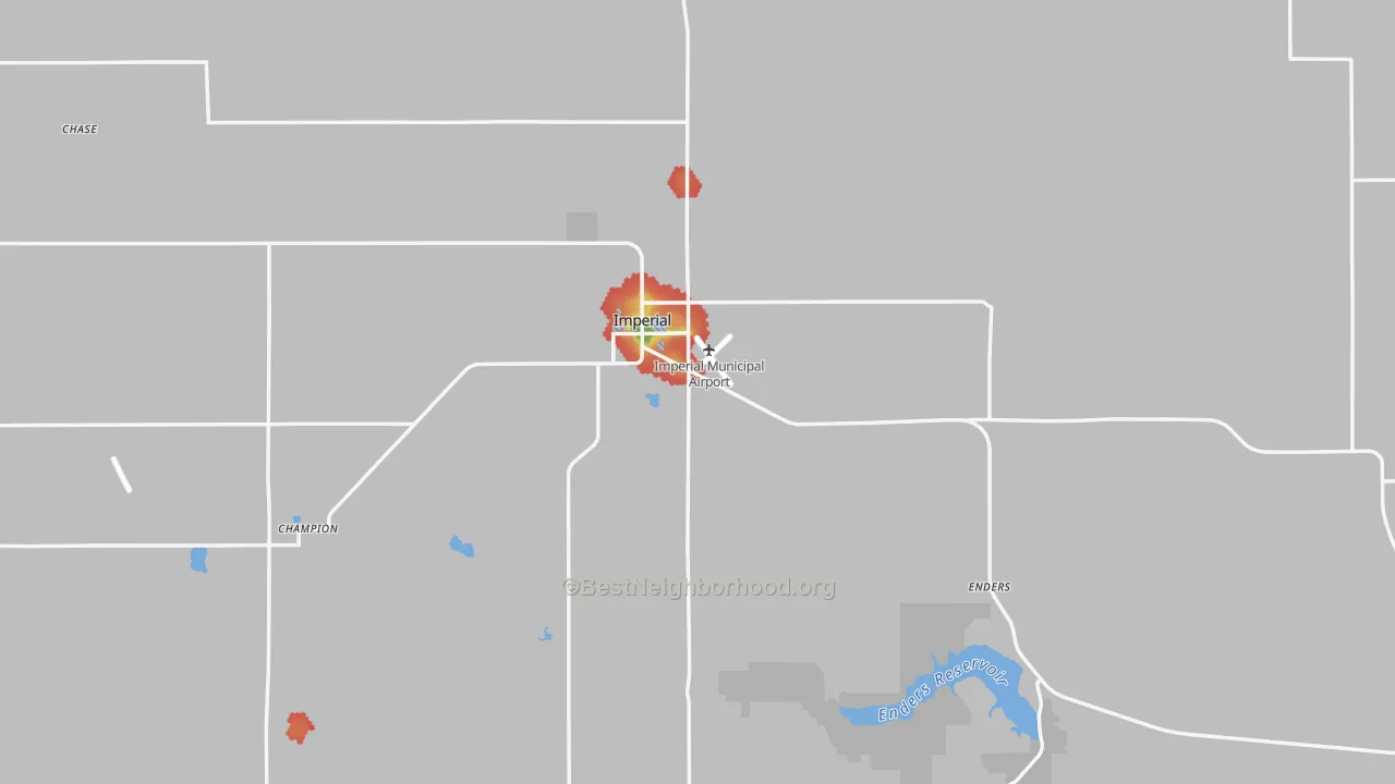 Walk Grade map of Chase County, NE, walkable areas in green and car-dependent areas in red