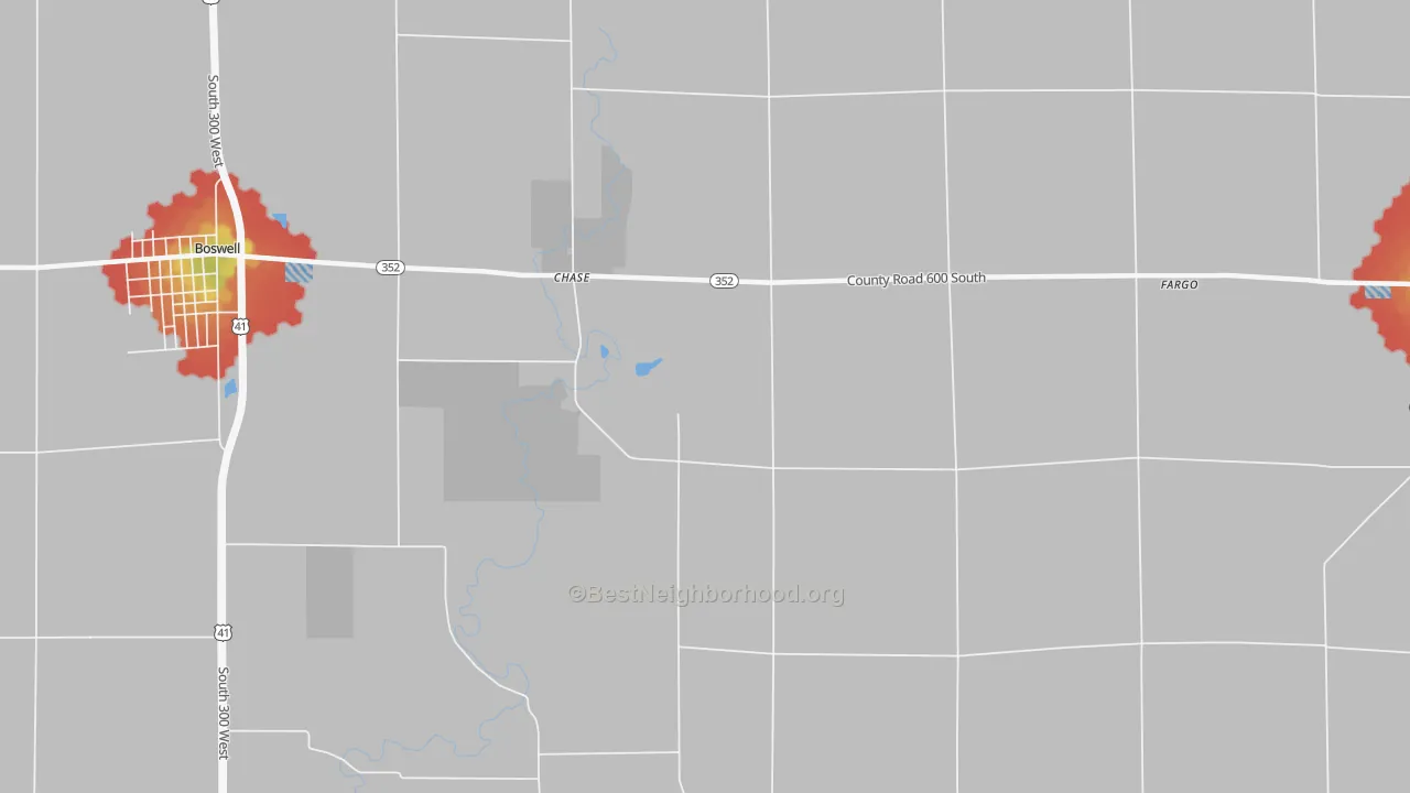 Walk Grade map of Chase, IN, walkable areas in green and car-dependent areas in red