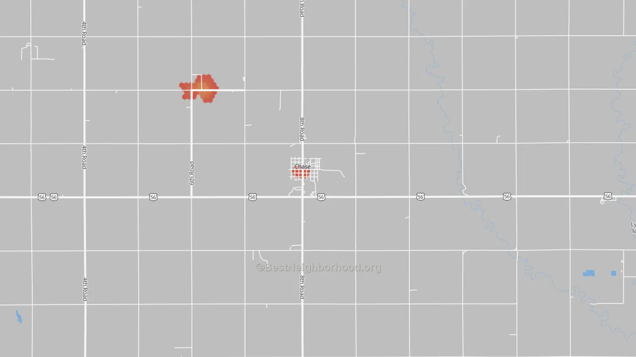 Walk Grade map of Chase, KS, walkable areas in green and car-dependent areas in red