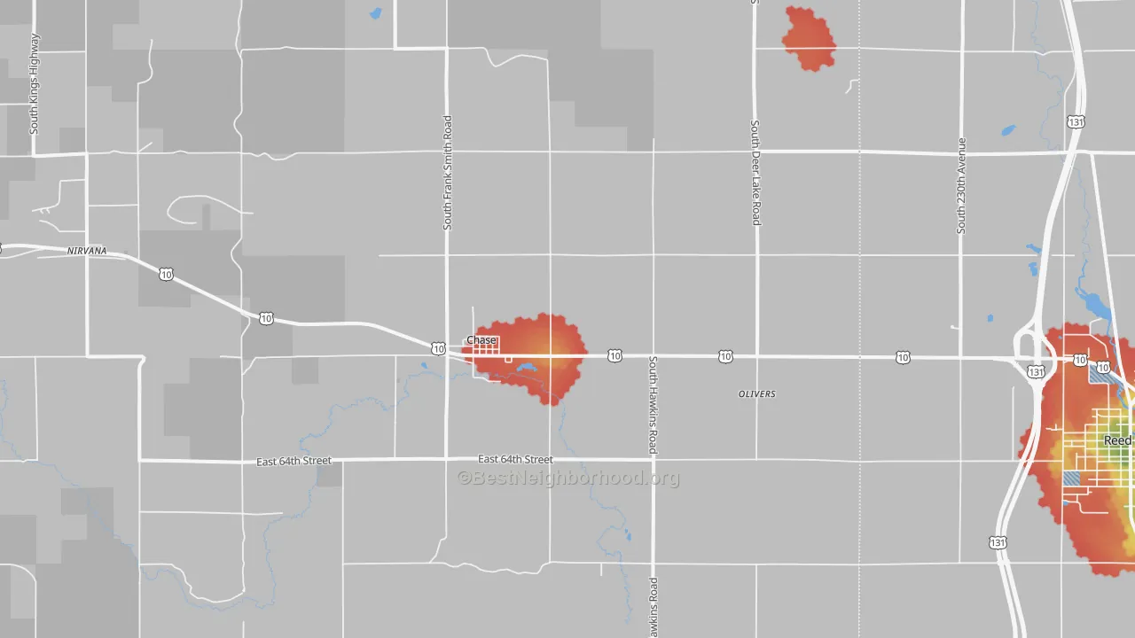 Walk Grade map of Chase, MI, walkable areas in green and car-dependent areas in red