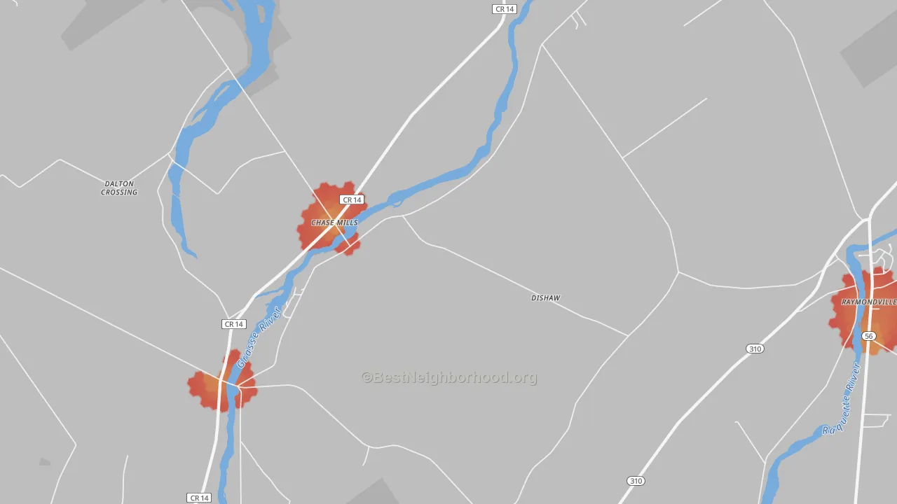 Walk Grade map of Chase Mills, NY, walkable areas in green and car-dependent areas in red