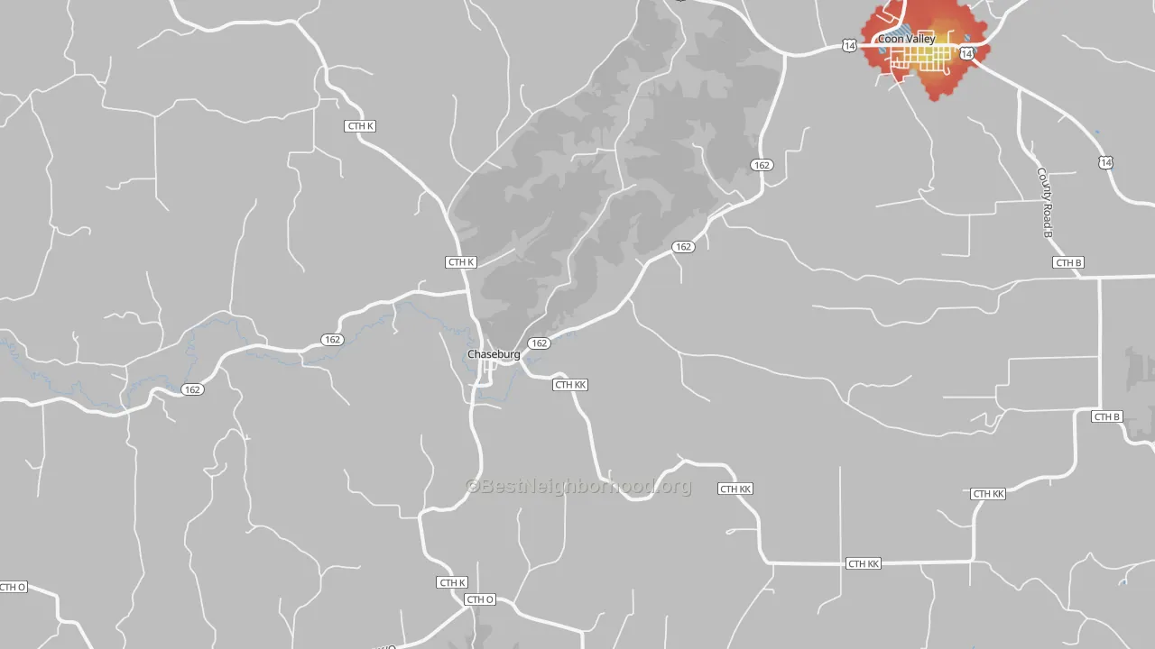 Walk Grade map of Chaseburg, WI, walkable areas in green and car-dependent areas in red