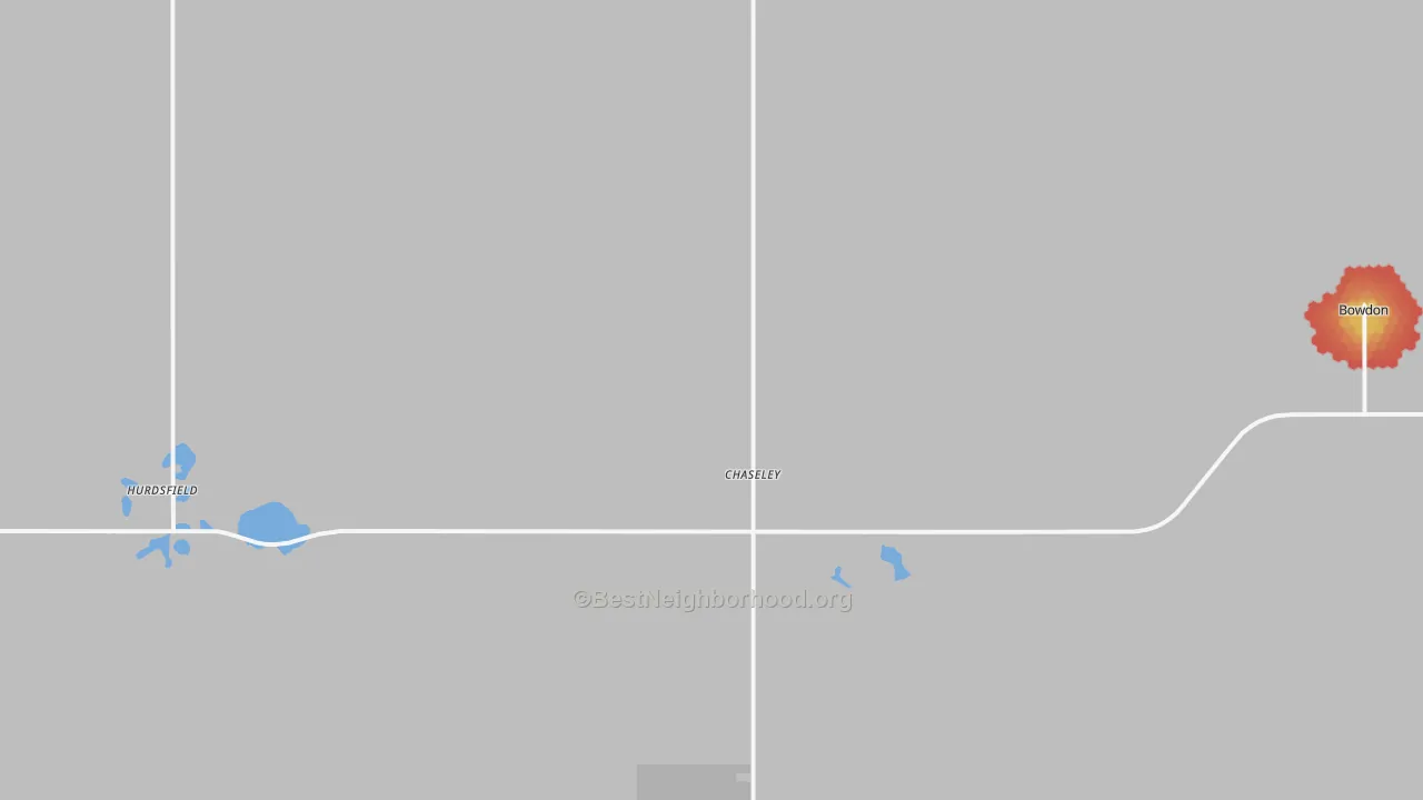 Walk Grade map of Chaseley, ND, walkable areas in green and car-dependent areas in red