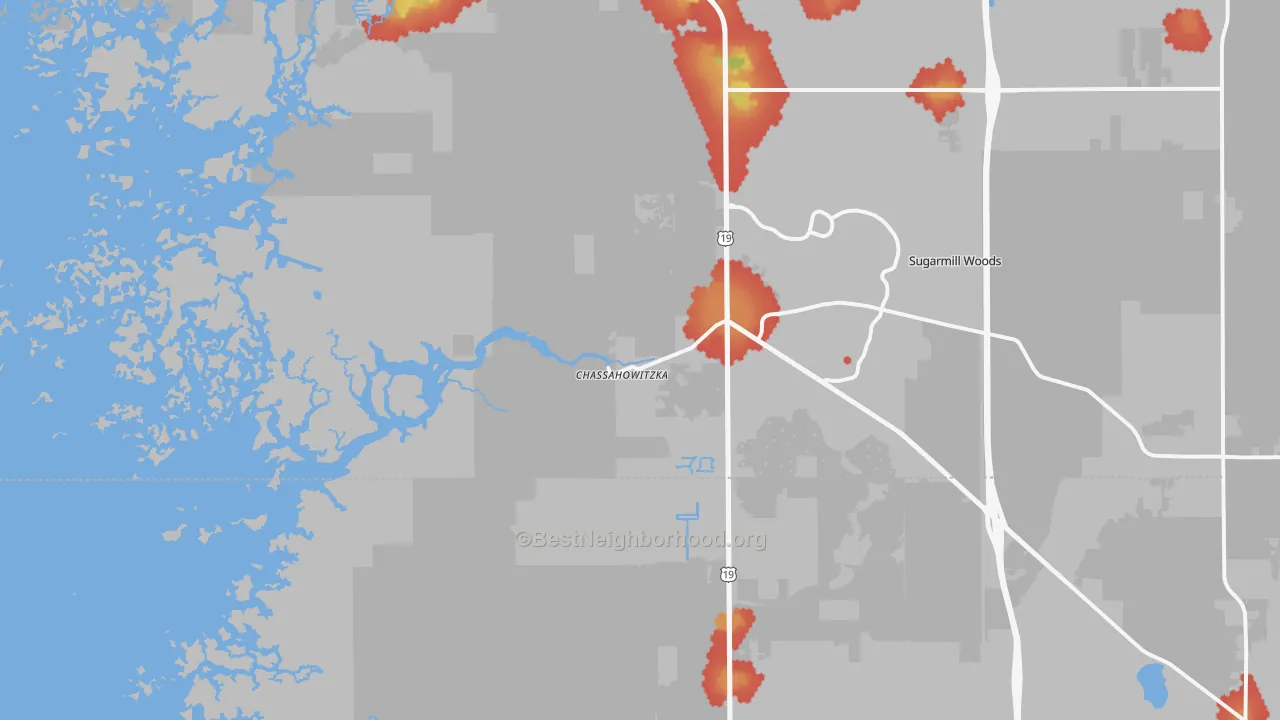 Walk Grade map of Chassahowitzka, FL, walkable areas in green and car-dependent areas in red