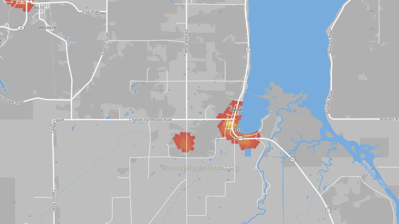 Walk Grade map of Chassell, MI, walkable areas in green and car-dependent areas in red