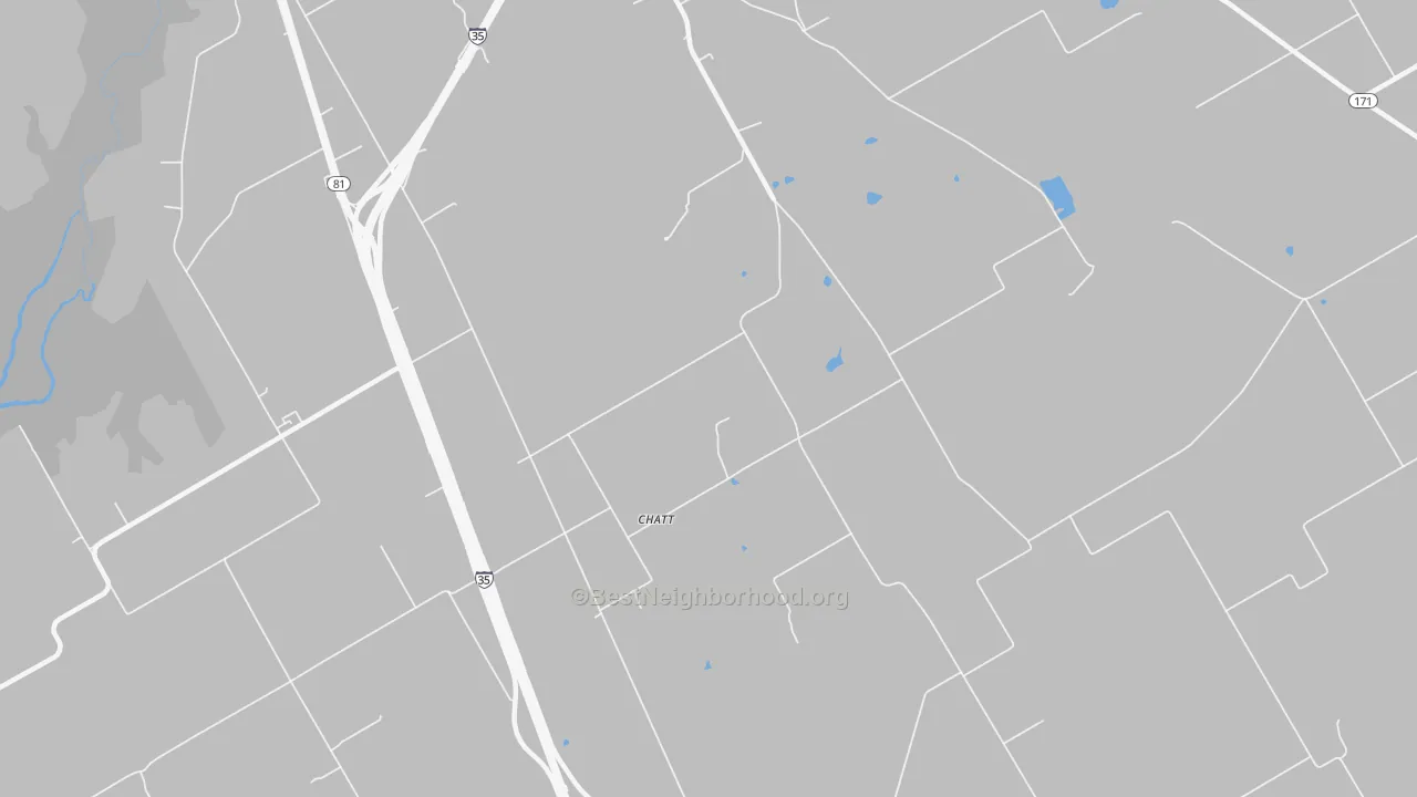 Walk Grade map of Chat, TX, walkable areas in green and car-dependent areas in red
