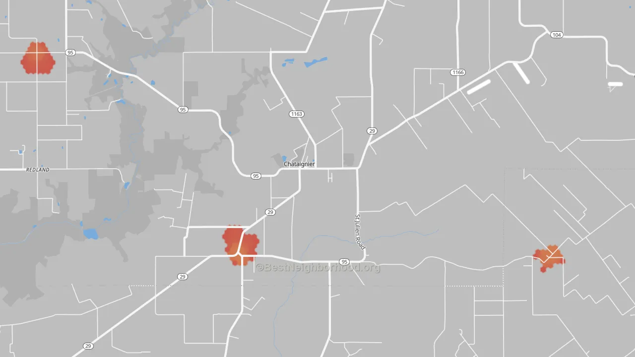 Walk Grade map of Chataignier, LA, walkable areas in green and car-dependent areas in red