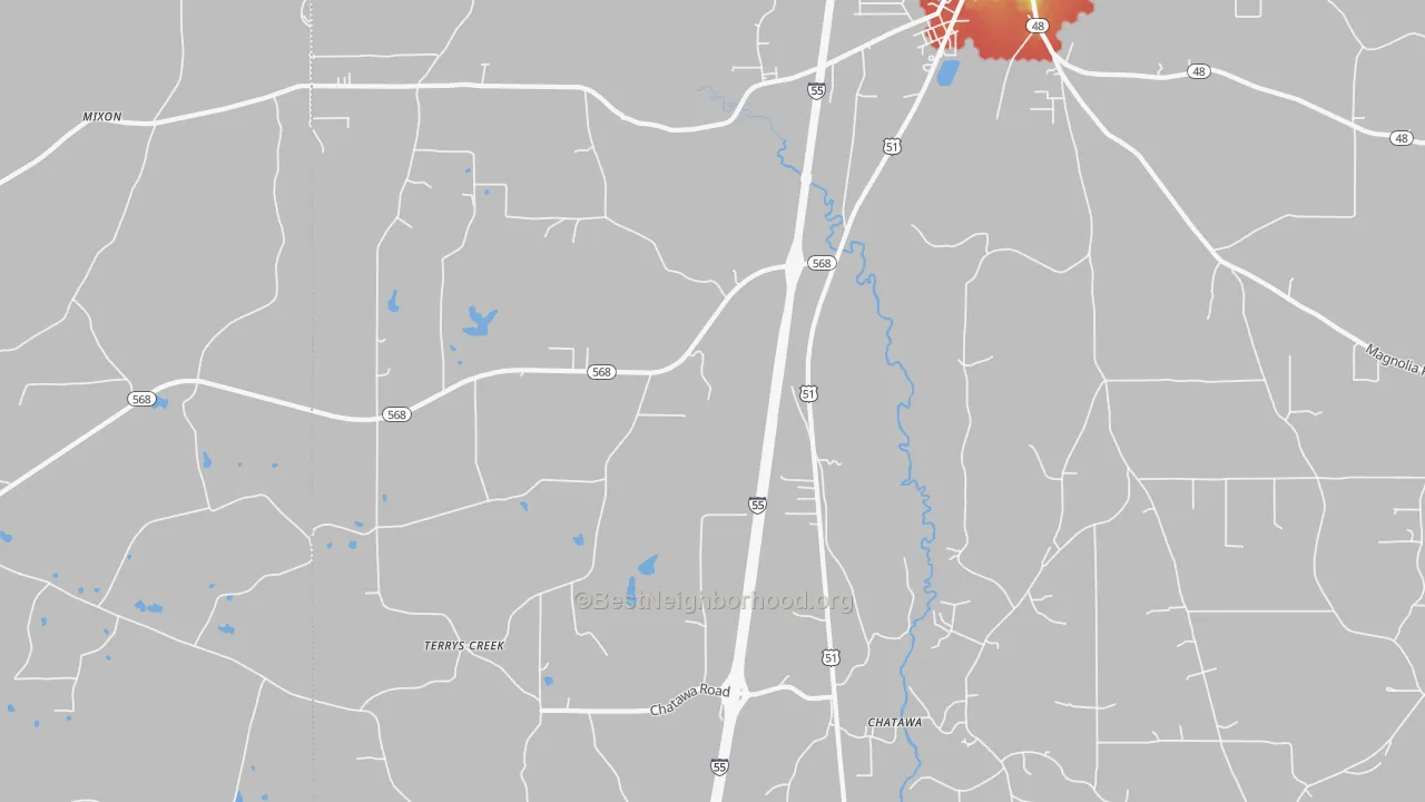 Walk Grade map of Chatawa, MS, walkable areas in green and car-dependent areas in red