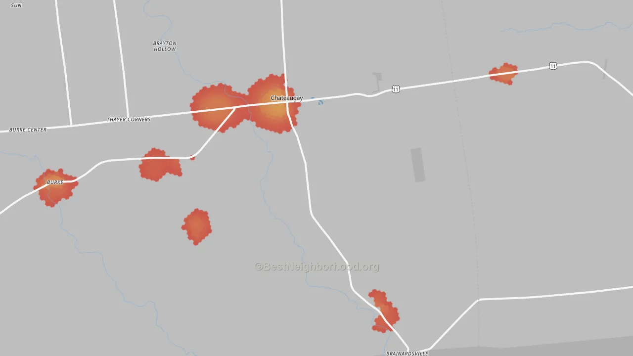 Walk Grade map of Chateaugay, NY, walkable areas in green and car-dependent areas in red