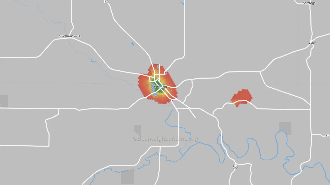 Walk Grade map of Chatfield, MN, walkable areas in green and car-dependent areas in red