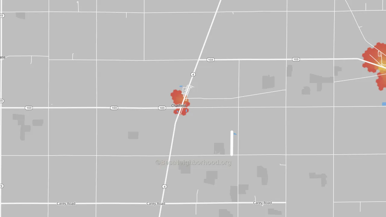 Walk Grade map of Chatfield, OH, walkable areas in green and car-dependent areas in red