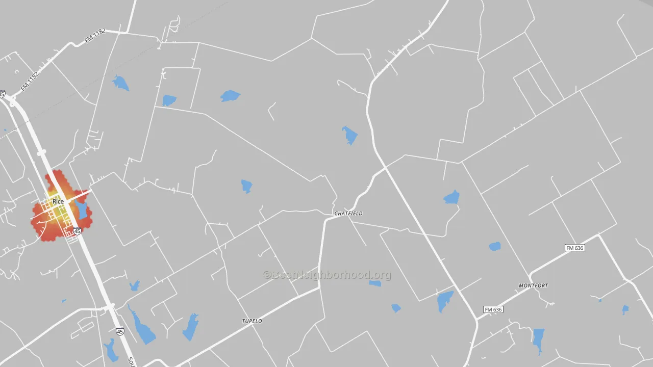 Walk Grade map of Chatfield, TX, walkable areas in green and car-dependent areas in red