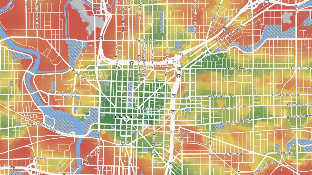 Walk Grade map of Chatham-Arch, Indianapolis, IN, walkable areas in green and car-dependent areas in red